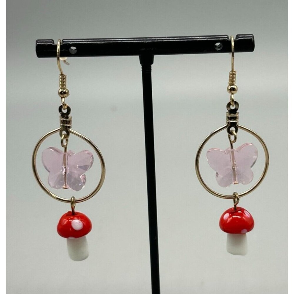 3/$30 Mushroom Earrings Pink Butterfly Dangle Gold Tone Whimsical Woodland